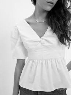 Gap White Puff Sleeve Peplum Poplin Top Size Small